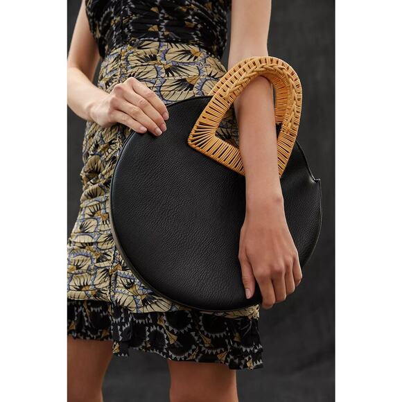 Circular Vegan Leather Rattan Handle Crossbody Bag Boho Chic Purse - Picture 1 of 10